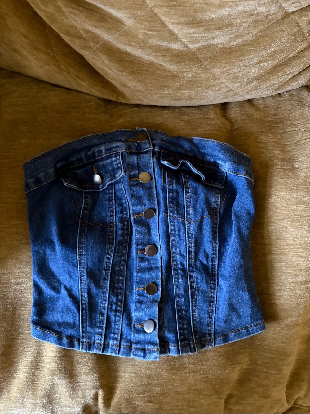 Denim Button-Front Strapless Skirt - Blue